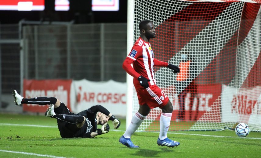 Bevic Moussiti-Oko of Ajaccio score his goal during the Ligue 2 BKT match between Ajaccio and Caen at Stade Francois Coty on January 16, 2021 in Ajaccio, France. (Photo by Michel Luccioni/Icon Sport) - Stade François-Coty - Ajaccio (France)